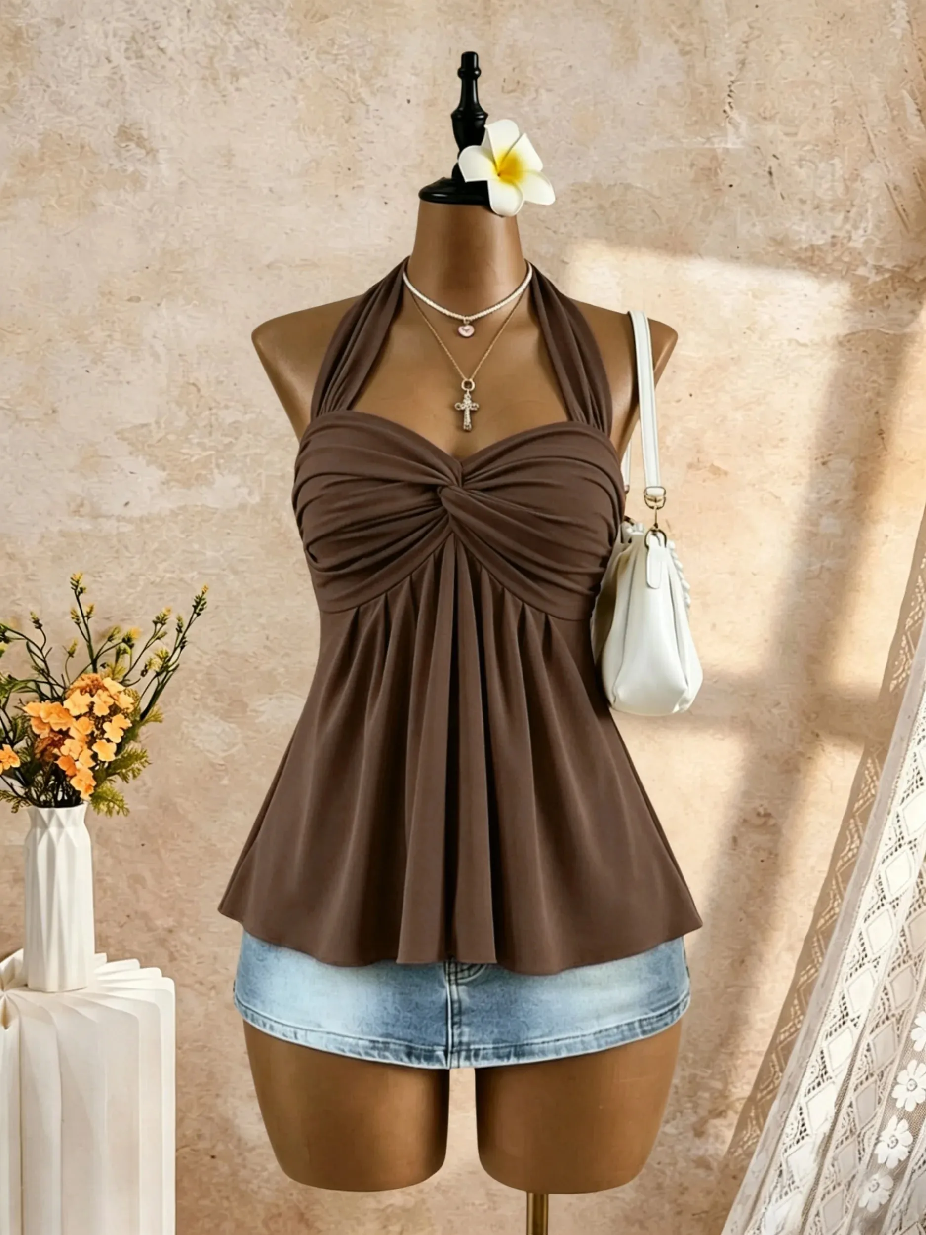 Women Halter Twist Front Sweetheart Neck Flared Peplum Camisole 2026 Summer Y2K Solid White Sleeveless Flowy Beach Vacation Tank — image 12