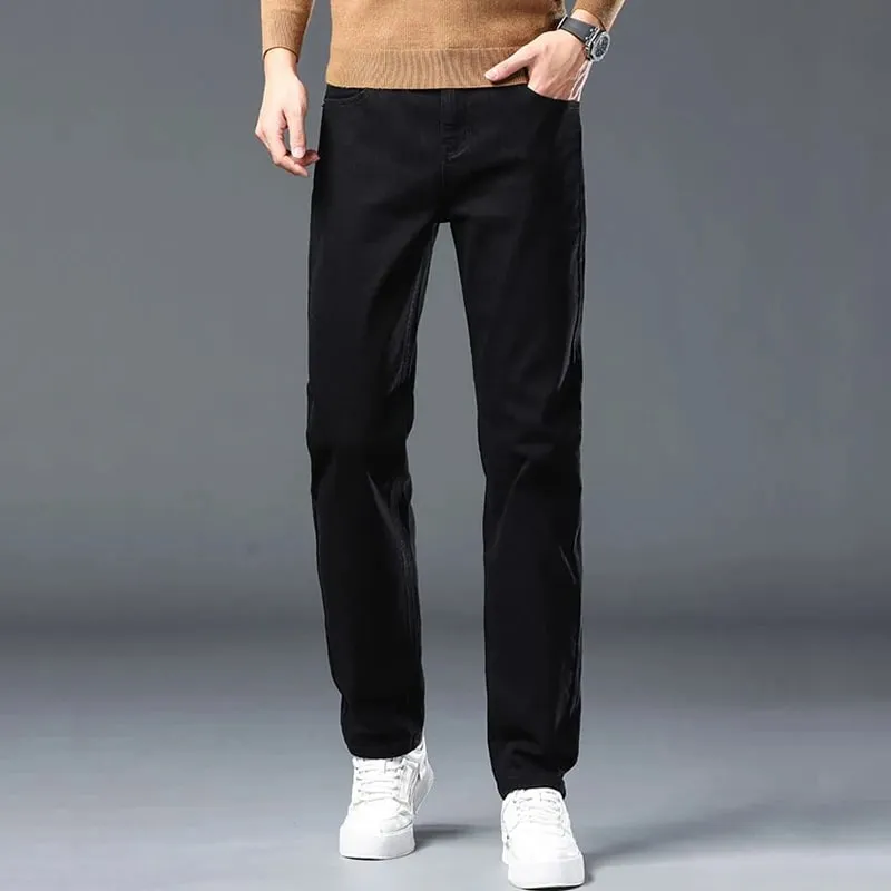 Spring New Men's Slim Fit Elastic Jeans Fashion Gray Comfortable Casual Denim Pants Korean Business Work Straight Black Trousers