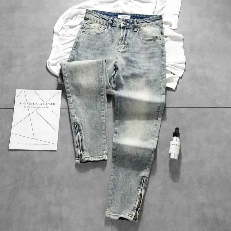 Cargo Old Retro Light-colored Trousers Zipper Jeans Men's New Trendy Elastic Slim-fitting Small-footed Trousers Denim Man Pants — image 9