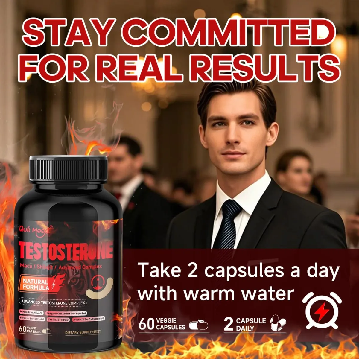 Quit Mood Men's Testosterone Capsules | Maca 100 มก. & ชิลาจิต 50 มก. และอื่นๆ | ปรับสมดุลฮอร์โมนและเพิ่มความแข็งแกร่ง – 60 แคปซูล