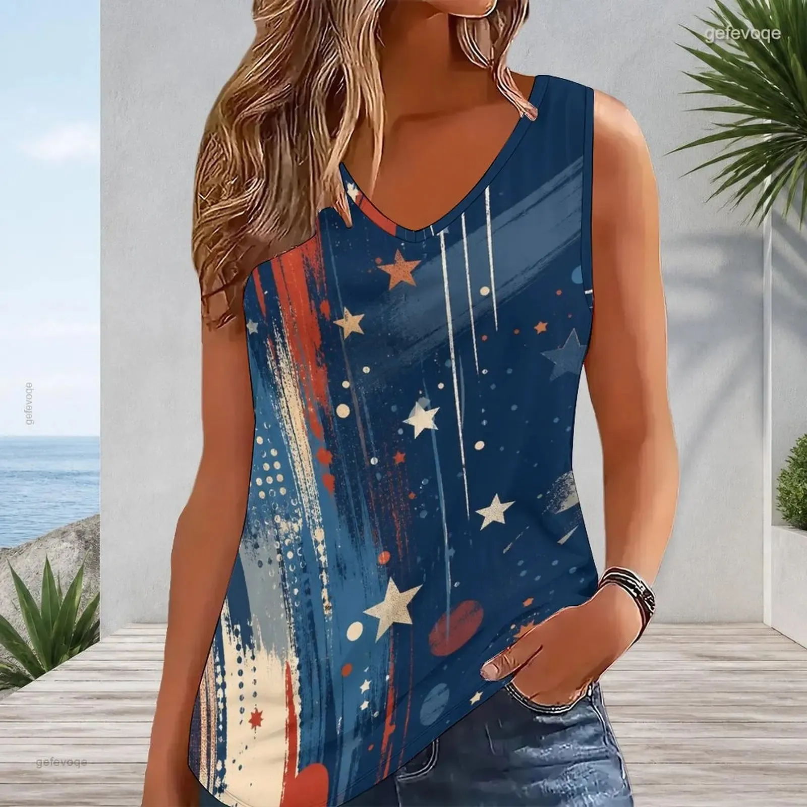 Women V Neck Sleeveless Tank Top Contrast Trim Loose Fit Casual Vest Custom Print Ladies Daily Summer Tops — image 2