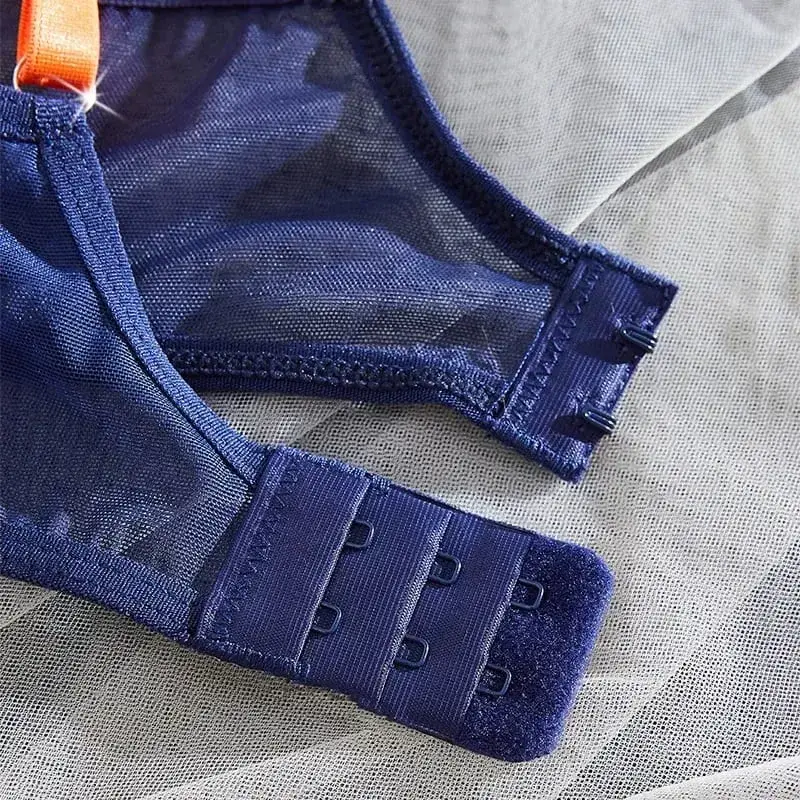 Quần Lót Nữ Màu Xanh Hải Quân Sheer Lưới Quần Lót Thép Nhẫn Áo Ngực Nơ Cam Đùi 2 Miếng Gợi Cảm Màu Sắc Tương Phản Dùng Thân Thiết