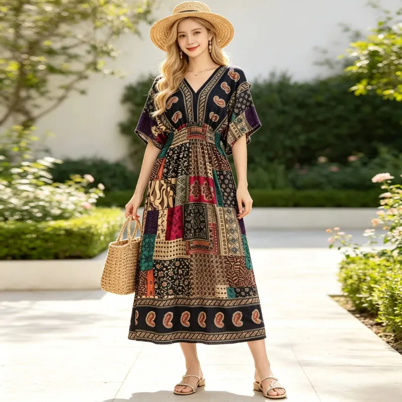 Boho Holiday Women V-Neck Batswing Short Sleeve A-Line Midi Dresses Slim Elastic Waist Casual Vintage Office Lady Elegance Dress — image 18