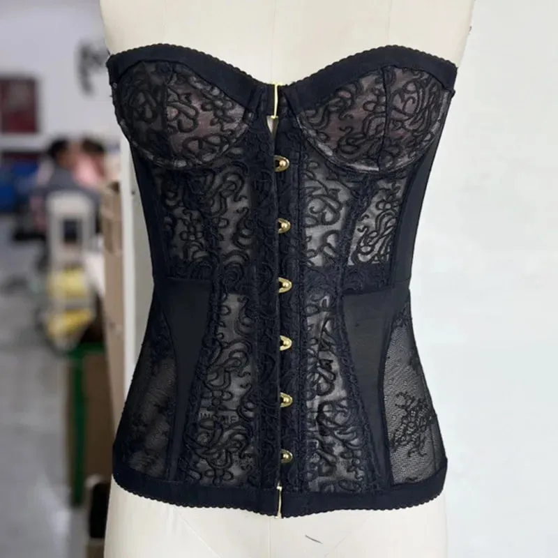 Spicy Girl Sexy Tight Corset Sexy Lace Patchwork See Through Top Sleeveless Off-shoulder Summer Fashion Women Street Trendy Tank