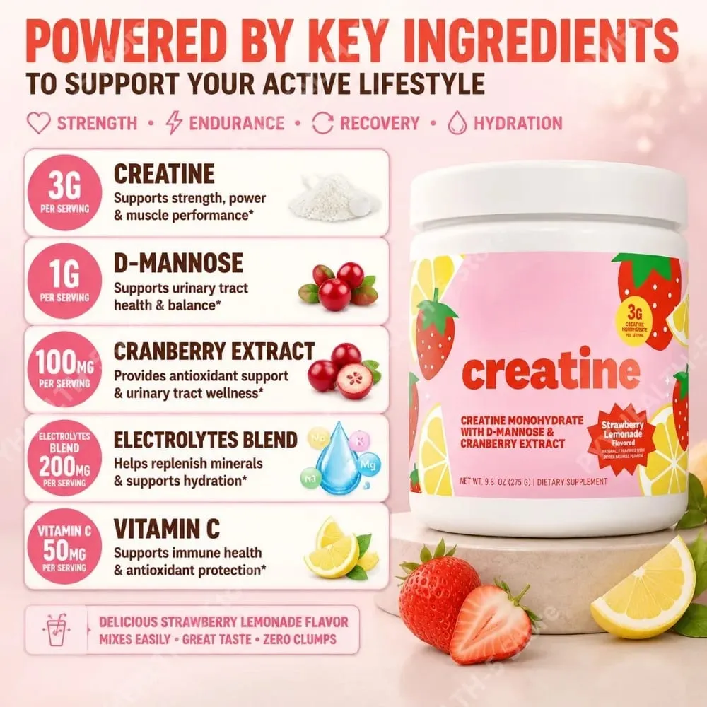 Creatine Monohydrate Powder Supplement 3g Serving Vegan Formula Strawberry Lemonade Flavor Zero Sugar for Active Lifestyle