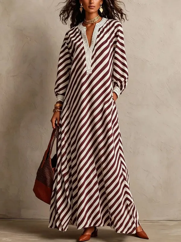 Fashion Stripe Print Maxi Dress 2026 Autumn Winter Women V‑Neck Long Sleeve Loose Casual Long Dresses Holiday Beach Boho Dress — image 8
