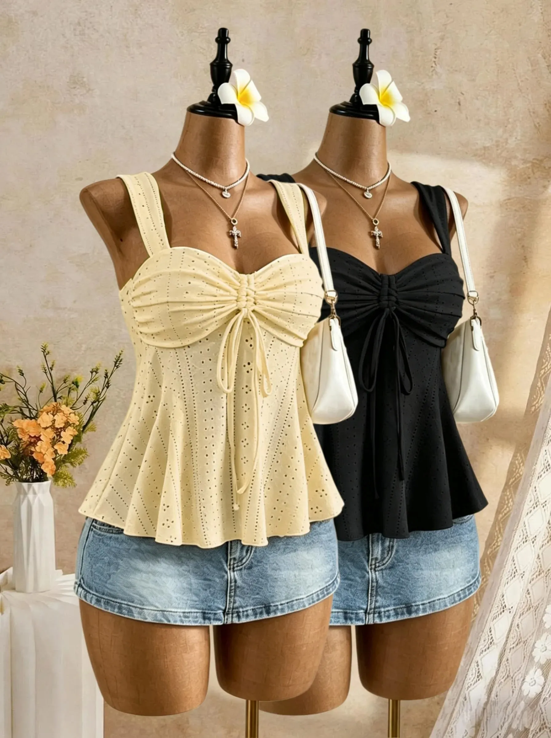 Women Sweetheart Neck Drawstring Ruched Peplum Cami Top Polka Dot Print Sleeveless Casual Camisole Outfit — image 15