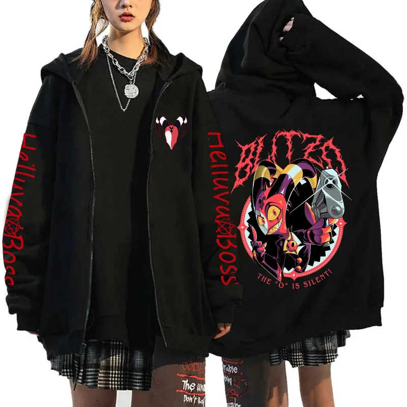 Helluva Boss Print Hooded Zipper Men Women Casual Fashion Fall Winter Warm Vintage Long Sleeve Tops Fleece Zip-Up Sweatshirts — image 2