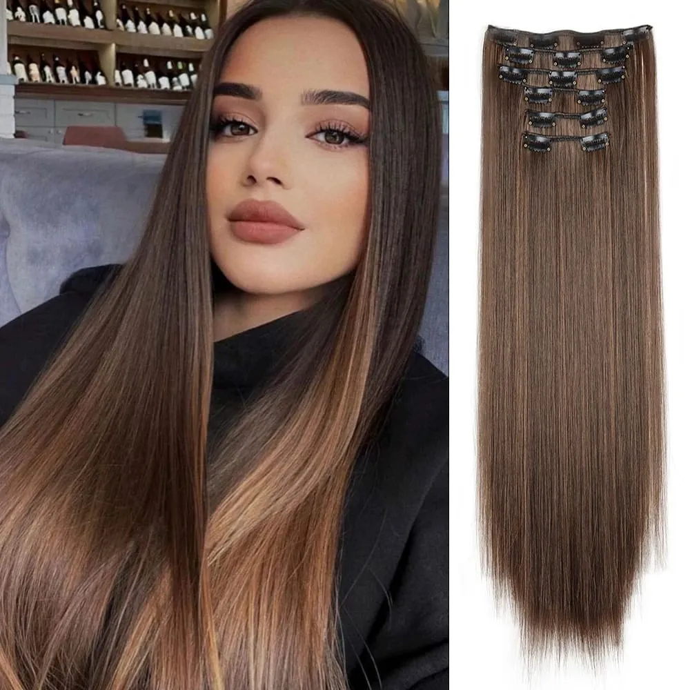 Black Hair Extensions 24"/60cm 6pcs/set Women Long Straight Synthetic Full Head Clip 16 Clips Ombre Heat Resistant Fiber Hair — image 2