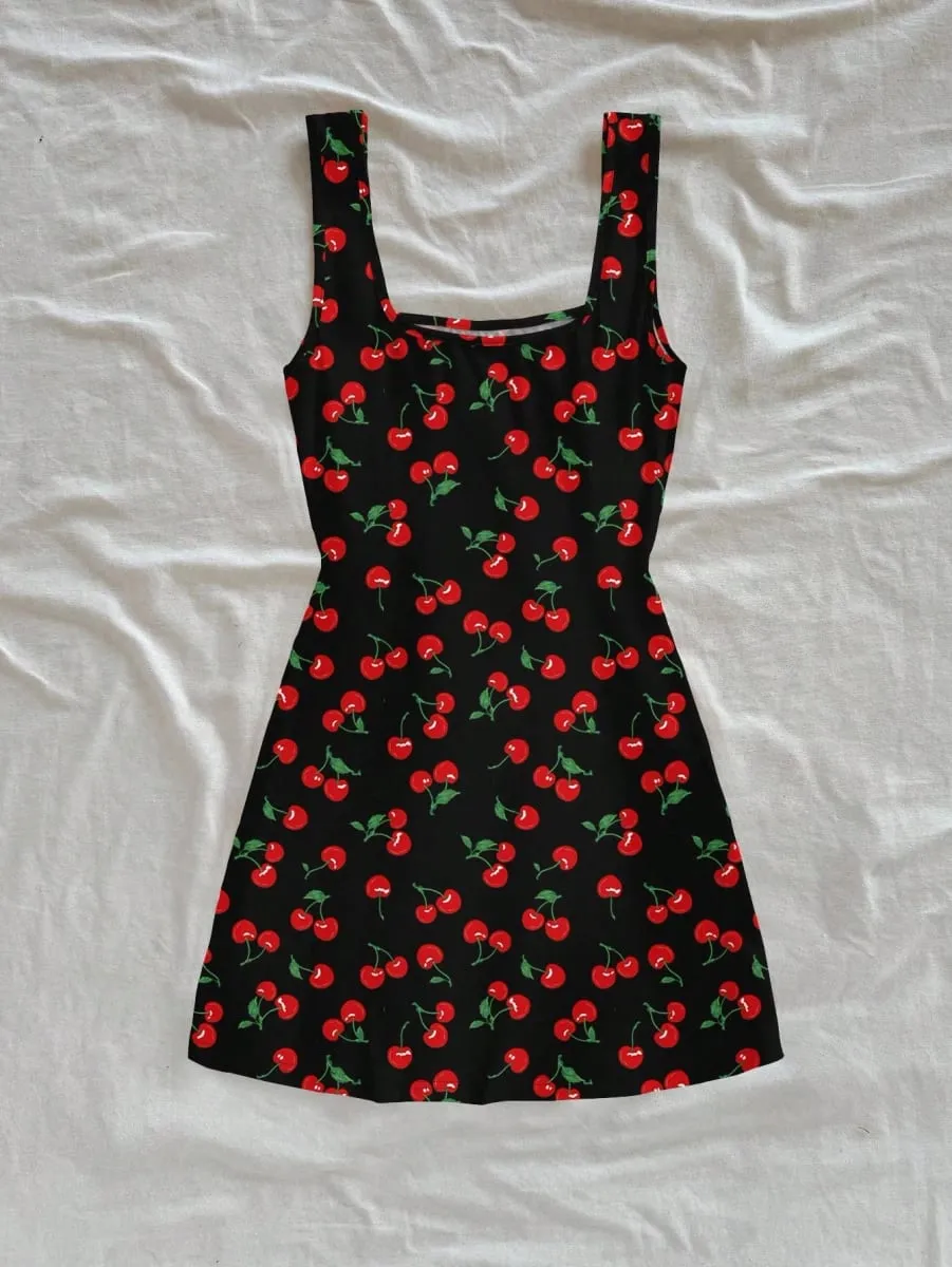 Women's Sexy Vacation Style U-Neck Cherry Print Open Back Side Slit Mini Dress for Spring/Summer — image 6
