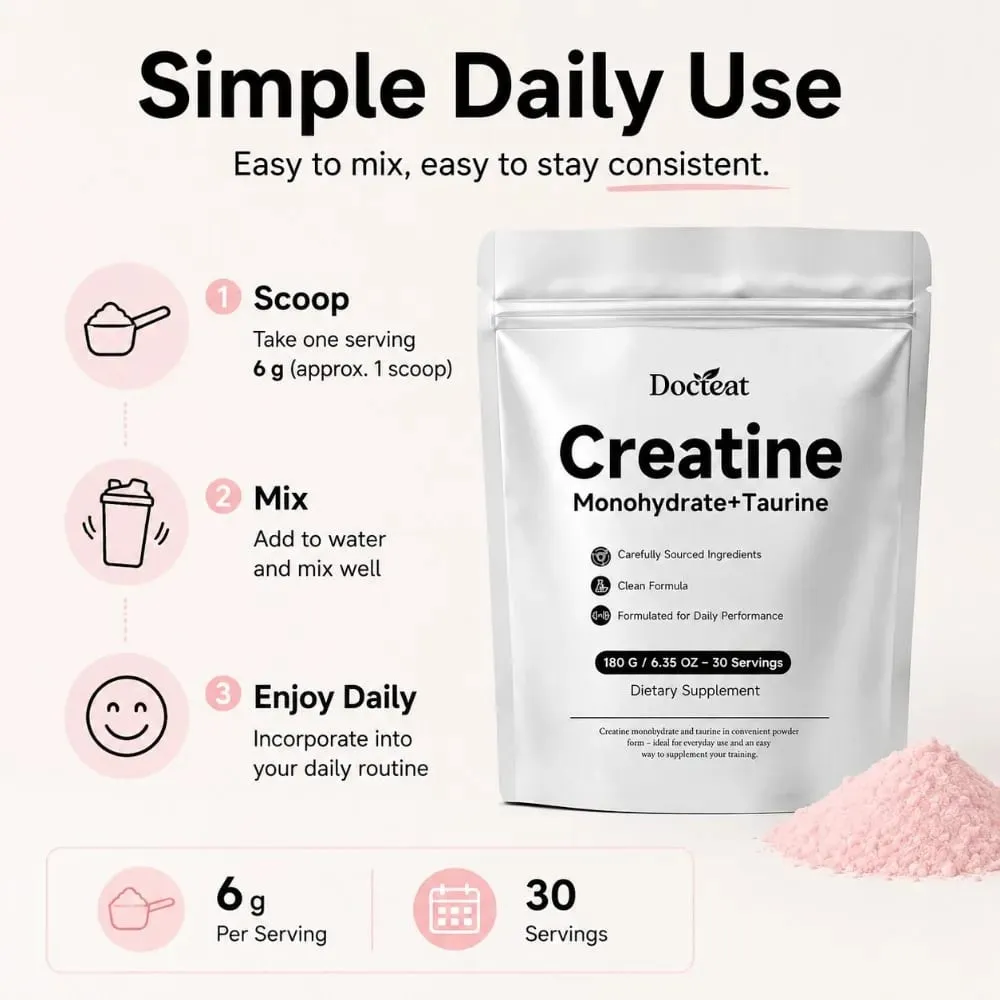 Creatine Monohydrate Taurine Powder 180g 30 Servings Muscle Strength Endurance Performance Workout Fitness Training Supplement — image 6