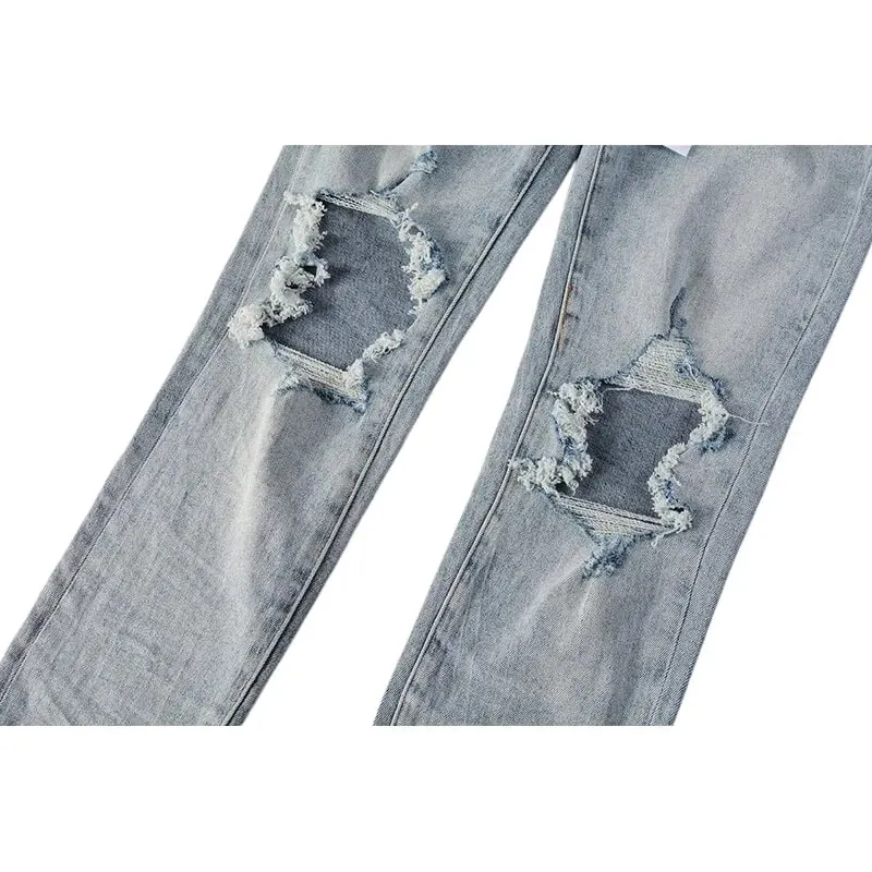 Men's Large Knee Ripped Slim Tapered Jeans Vintage Light Blue Wash Frayed Edges Button Fly High Street Style — image 5