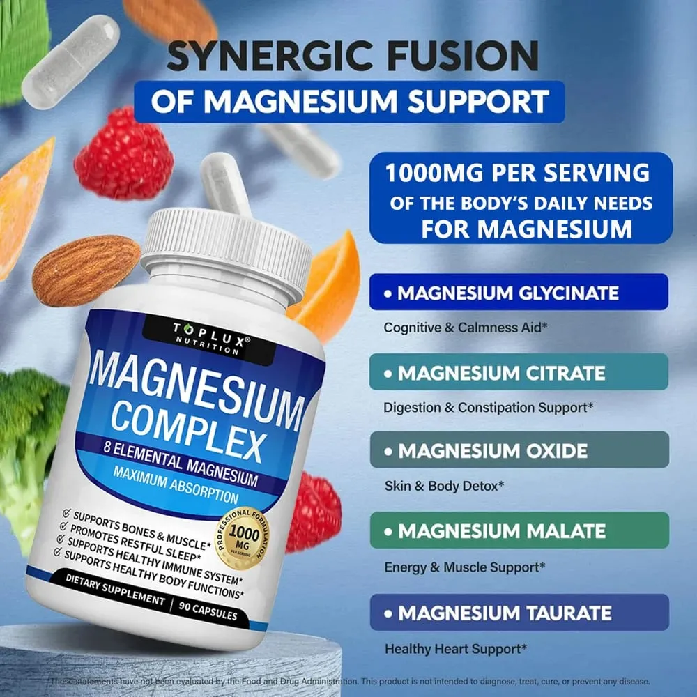 Magnezyum Kompleksi 1000mg Glisinat Sitrat Oksit Aspartat Orotat Malat Taurat Yüksek Abs ile 8 Elemental Magnezyum Takviyesi — image 3