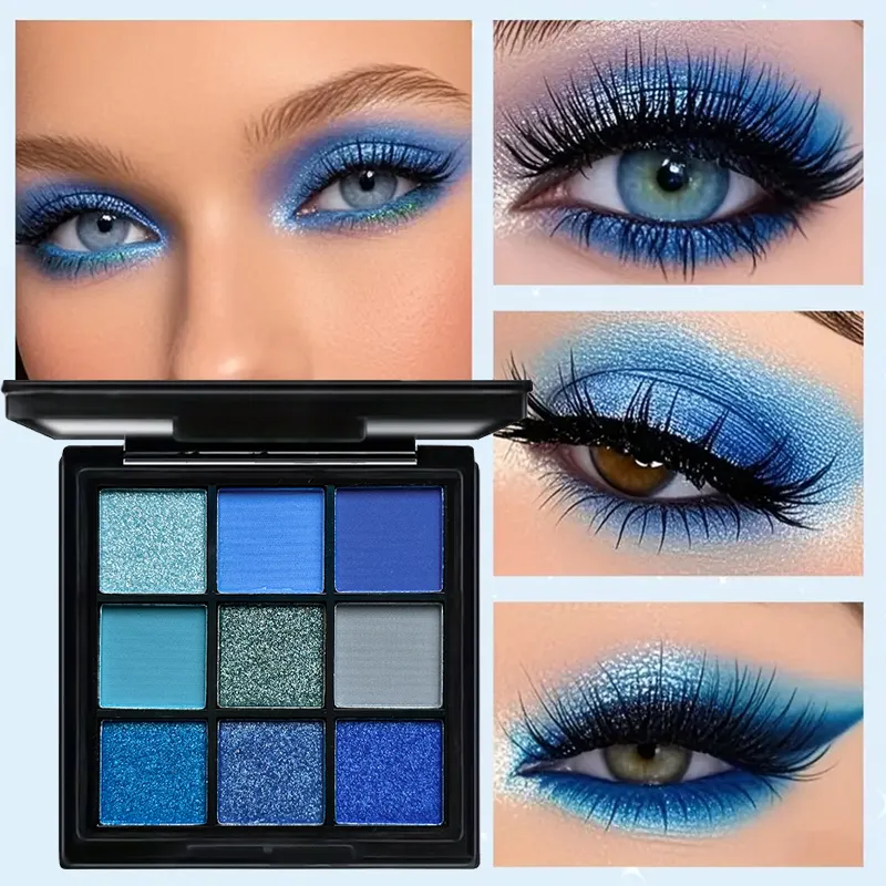 Luxurious Blue 9 Color Eyeshadow Palette - Velvet Matte and Shimmer Effect Durable Waterproof Long-Lasting Smoky Eye Makeup — image 1