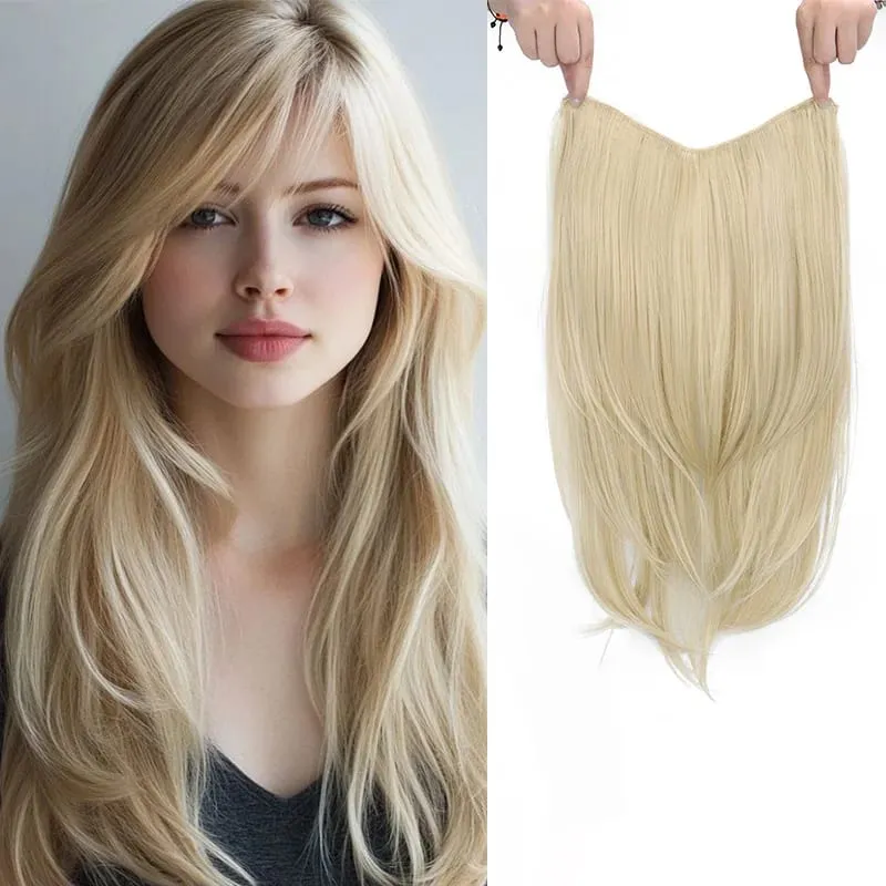 22 Zoll synthetische lange gerade geschichtete Clip-in-Haarverlängerung V-förmiges schwarzblondes unsichtbares Haarteil für Frauen
