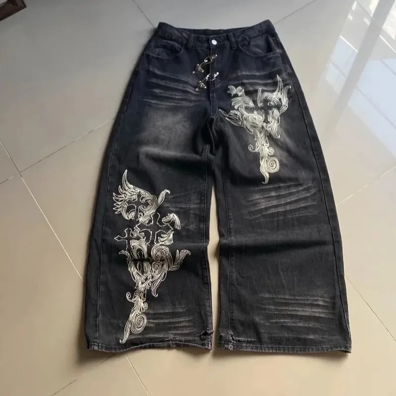 American Vintage New Pattern Printing Black Baggy Jeans Men Y2K Gothic Harajuku Hip Hop Popular Casual Joker Wide-leg Pants — image 4
