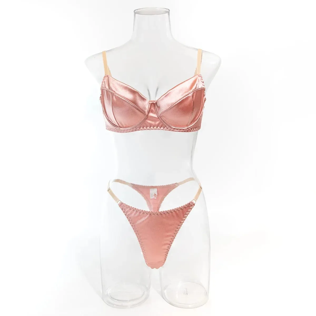 Sexy Luxury Solid Satin Thin Lingerie Girl's Sweet Gathering Bra & Thong Set Female New Fashion Elegant Underwear Daily Life — image 2