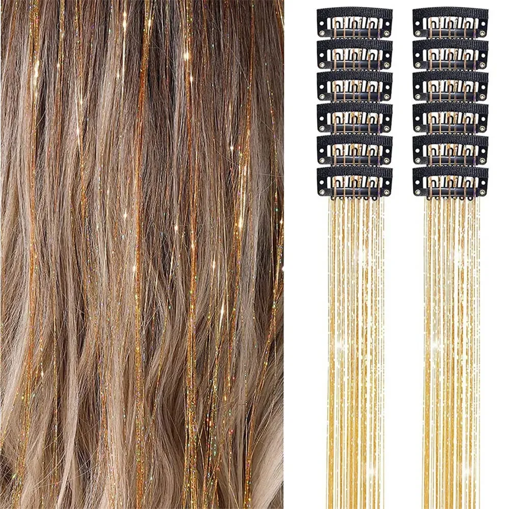 12Pcs Clip Hair Tinsel Clip in Glitter Tinsel Hair Extensions Synthetic Heat Resistant Shiny Sparkle Hair Tinsel for Women Girls — image 8