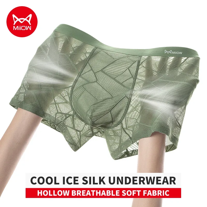 MiiOW 3Pcs Hollow-out Ice Silk Men Underwear Boxers Silky Breathable Man Underpants 10A Antibacterial Crotch Men's Boxer Panties — image 2