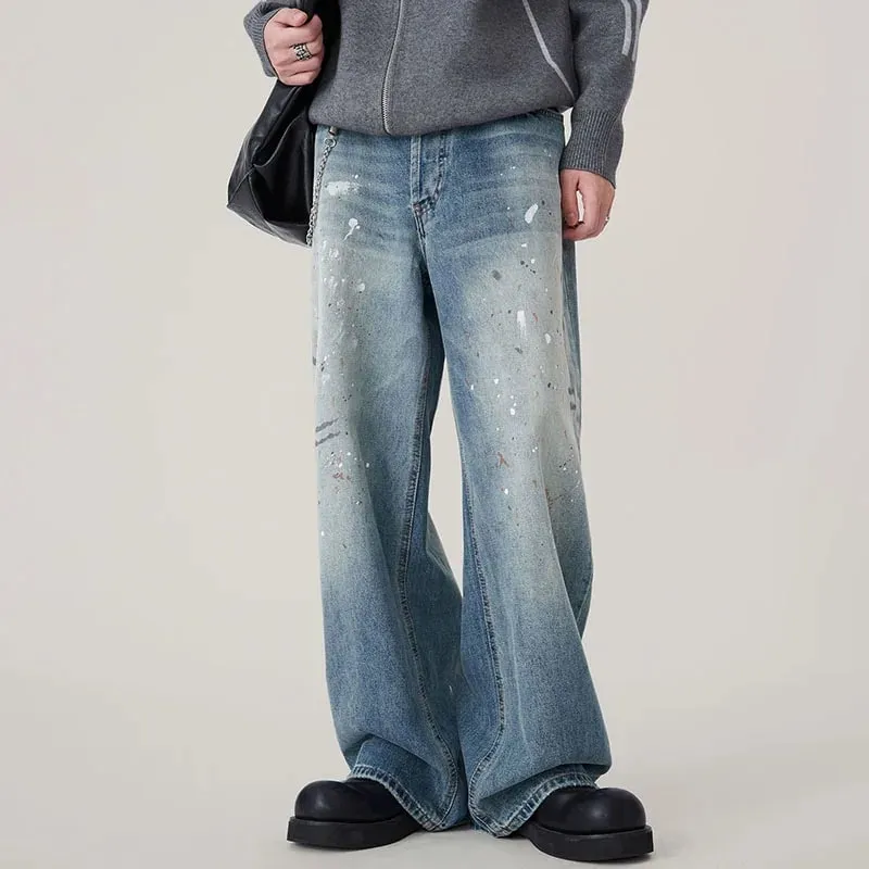Autumn Korean Splashed Ink Jeans Men'S Straight Leg Pants Fashionable High Street Retro Loose Wide Leg Pants Design Pants