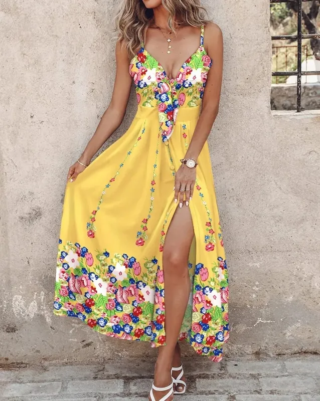Women's V Neck Spaghetti Strap Feather Print Maxi Dress with Front Tie and High Side Slit for Summer Evening Party Wear — image 2