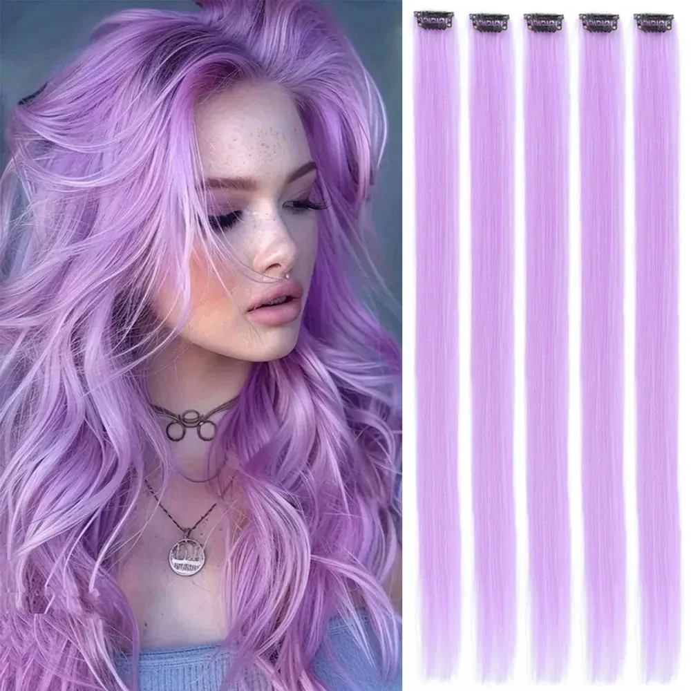 Synthetic Colorful 5pcs/set Clip Hair Extensions High Temperature Long Straight Hairpieces for Women Daily Party Use