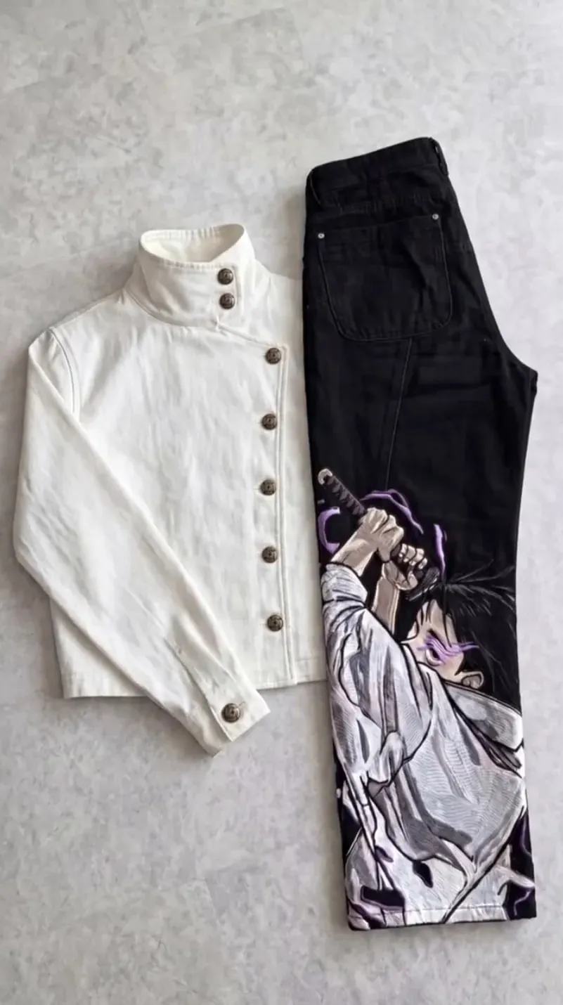 Men Y2K Anime Character Embroidered Jeans Streetwear Cargo Denim Pants Straight Leg High Waist Loose Rock Punk Unisex Jeans — image 2