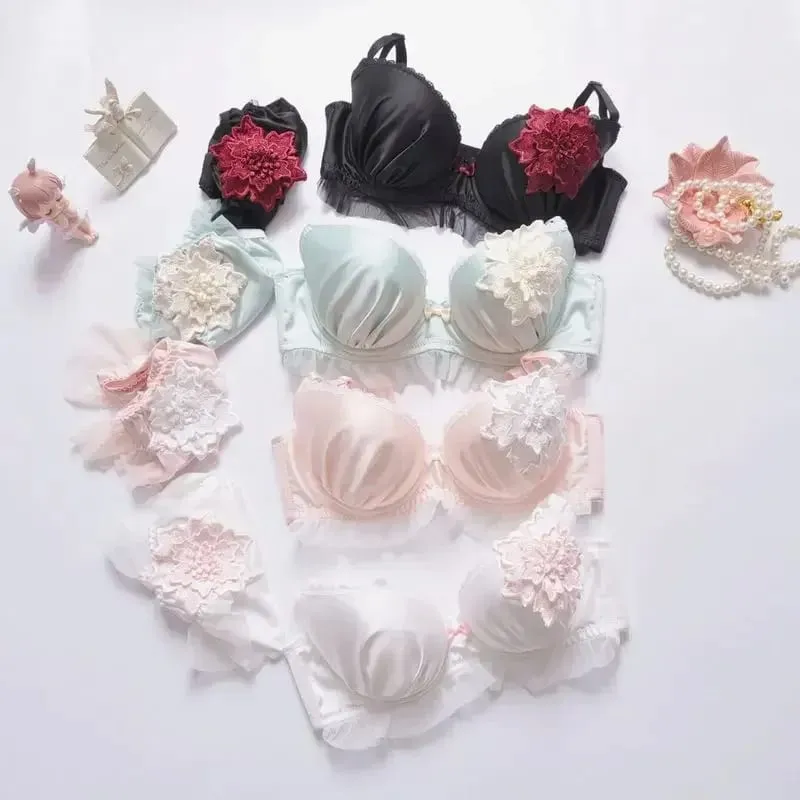 Sweet Floral Embroidered Push Up Bra Set for Women Large Size A-E Cup Fresh Thin Underwear & Panty Lingerie — image 3