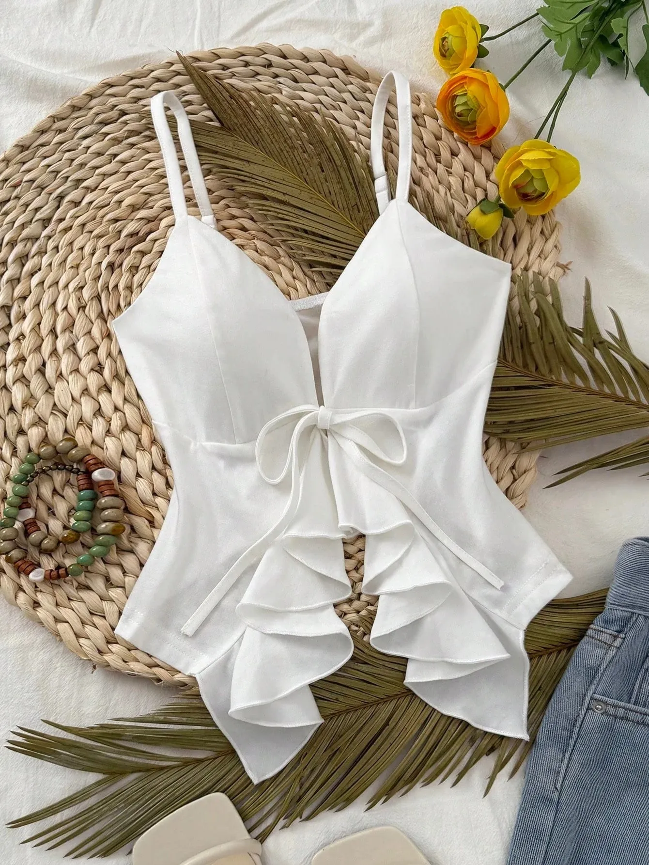 Women Thin Spaghetti Strap Deep V Front Self Tie Ruffle Hem Slim Crop Camisole 2026 Summer Y2K Solid White Sleeveless Going Out — image 6