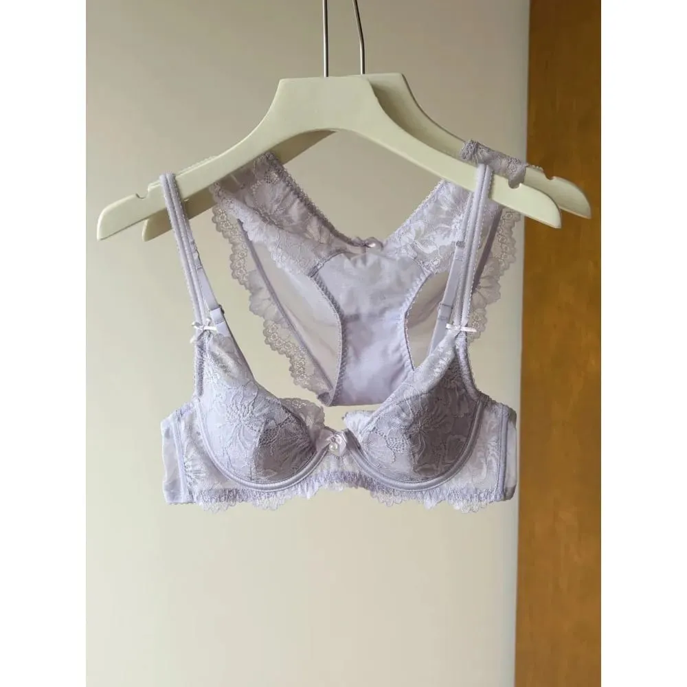 Purple Lace Bra Women French Sexy Embroidery Soft Underwire Minimizer Push Up Anti Sagging Lingerie Brassiere 32‑38 — image 2