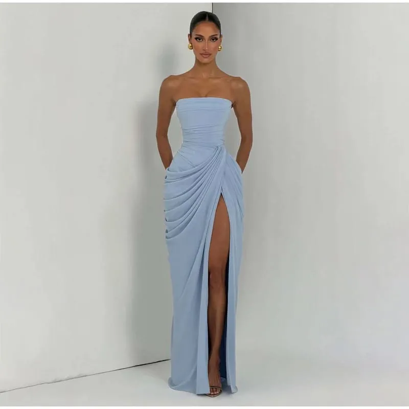 Dámské sexy jednobarevné plisované šaty dámské elegantní bez ramínek, bez ramínek, s vysokým pasem, rozděleným šatem 2026 letní večerní společenské šaty — image 4