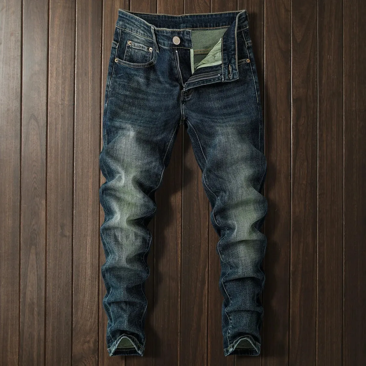Autumn retro deep blue jeans men elastic and trendy versatile casual street fashion pants