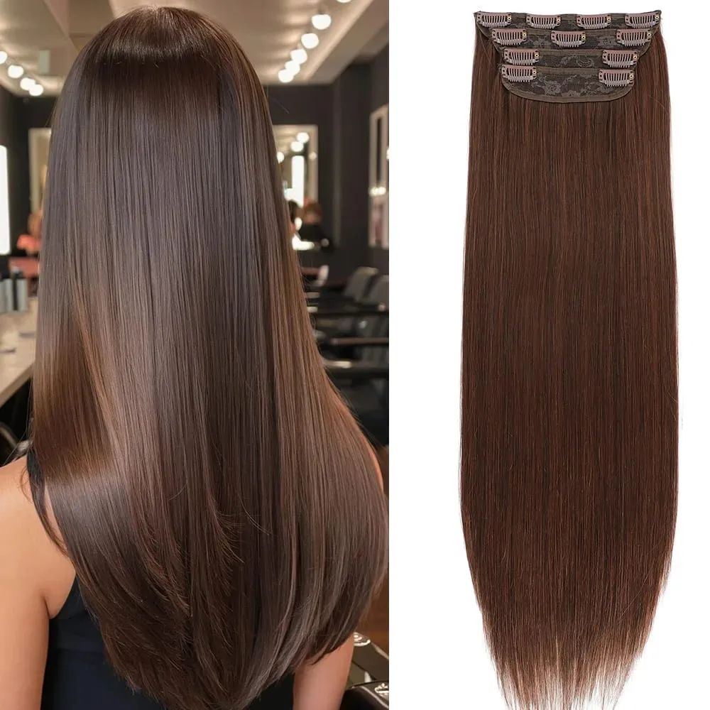4Pcs 24 Inch Clip In Hair Extensions 200g Colored Brown Blonde Synthetic Heat Resistant Straight Hairpieces Thick Ends For Women — image 2