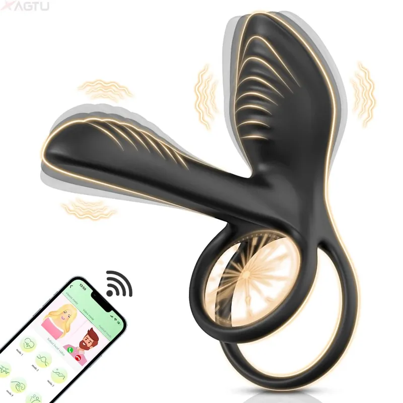 Giocattolo del sesso del vibratore dell'anello del pene telecomandato per gli uomini Tempo di ritardo Massaggiatore della prostata Rotazione di 360 ° Anelli vibranti per il pene 18+