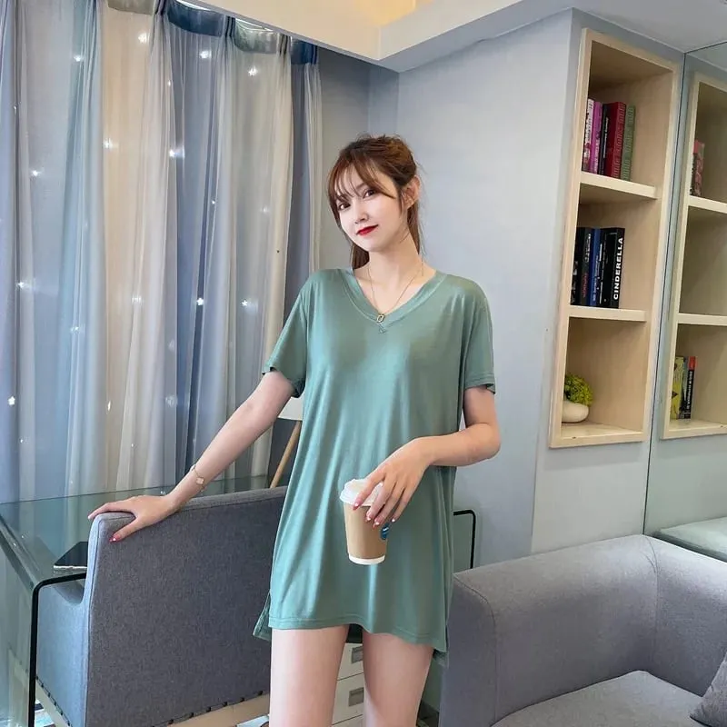 Loose Modal Short Sleeve V-Neck Midi Dress Thin Home Clothes Sleepwear Women's Base Skirt Comfortable plus Size Casual Style — image 3