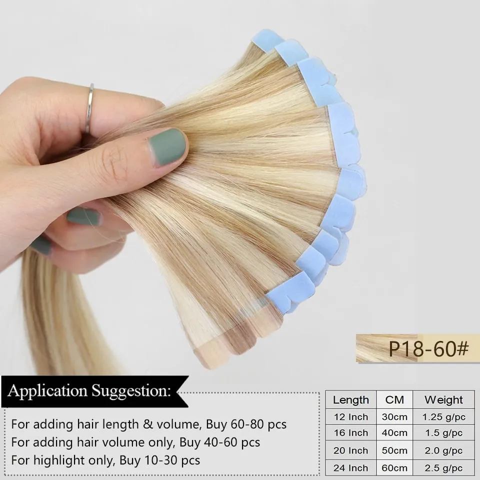 Mini Tape Hair Extensions 12-24 Inch Human Hair Extensions 3x0.8cm Invisible Tape 10pcs per Pack for Side Machine-Remy Hair