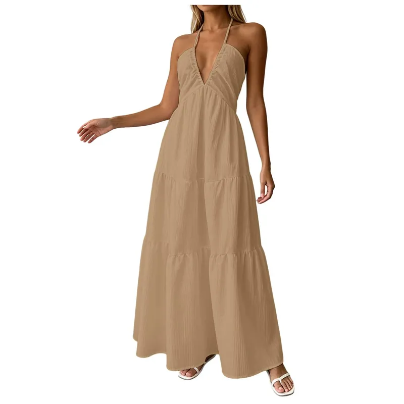 Summer Halter Neck Women's Dress Elegant Chic Wedding Party Beach Dress Backless Flowy Vacation Boho Sling Long Dresses Women — image 14
