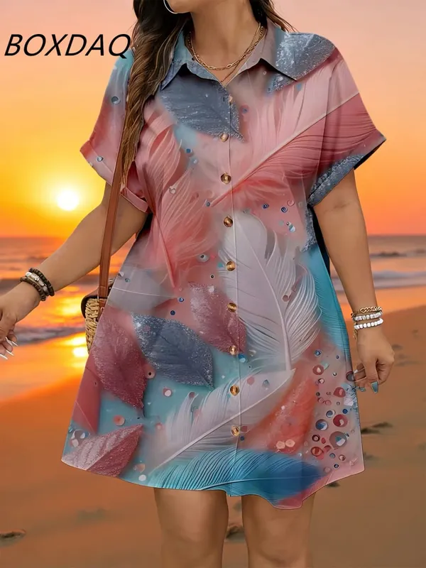 Short Sleeve Flower Pattern Fashion Women Mini Dresses Summer 3D Printed Street Elegant Casual Ladies Shirt Dress Plus Size 3XL — image 4