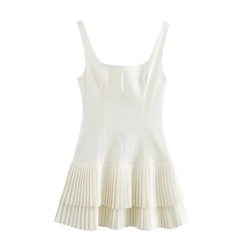 HH Women Fashion Ruffle Dress Elegant Solid Sleeveless Pleated Mini Dresses Summer Lady Beach Vacation Party Dress Vestidos