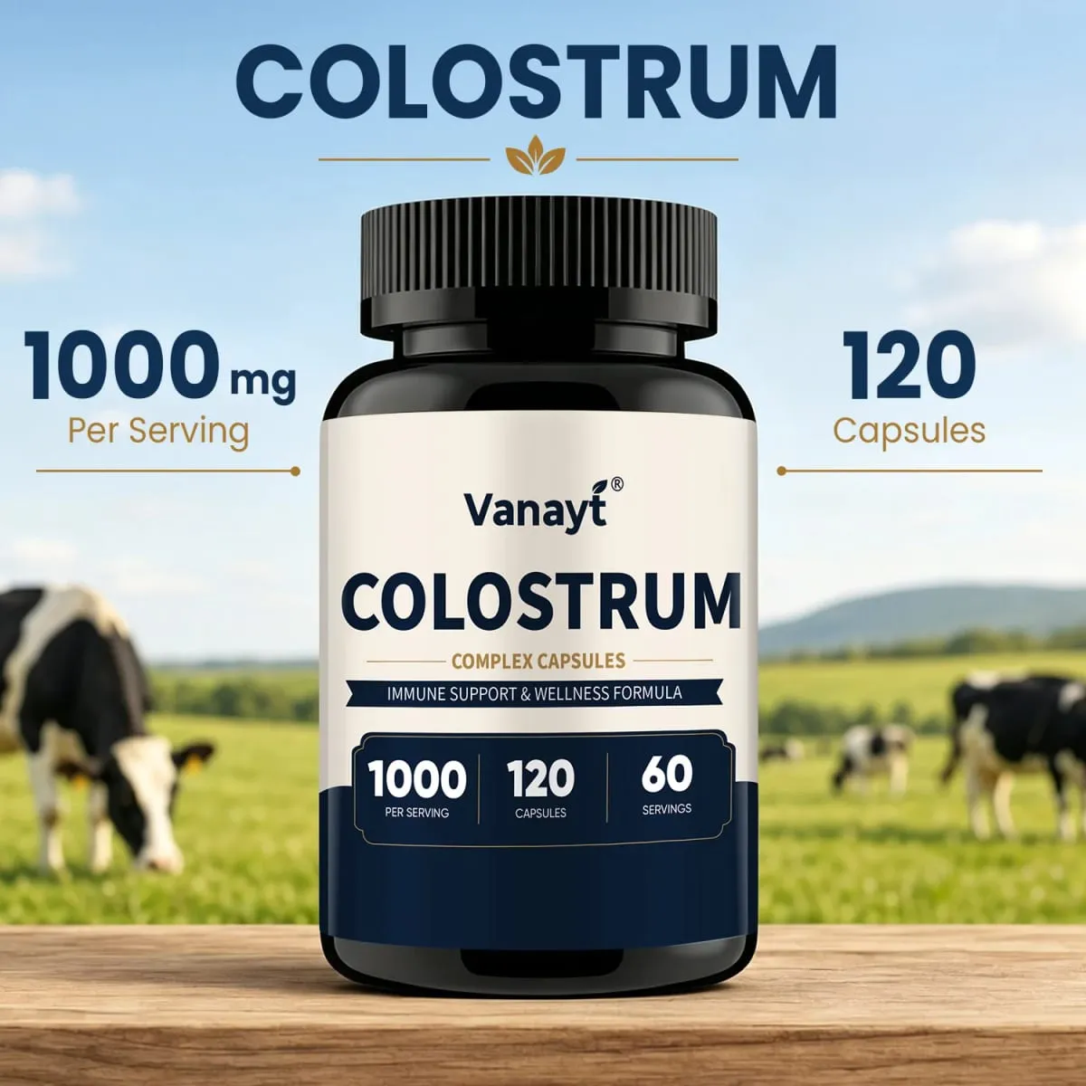 Colostrum Capsules 1000 mg Grass-Fed Immune Gut Digestive Health Skin Hair Nail Repair Energy Focus Support Supplement
