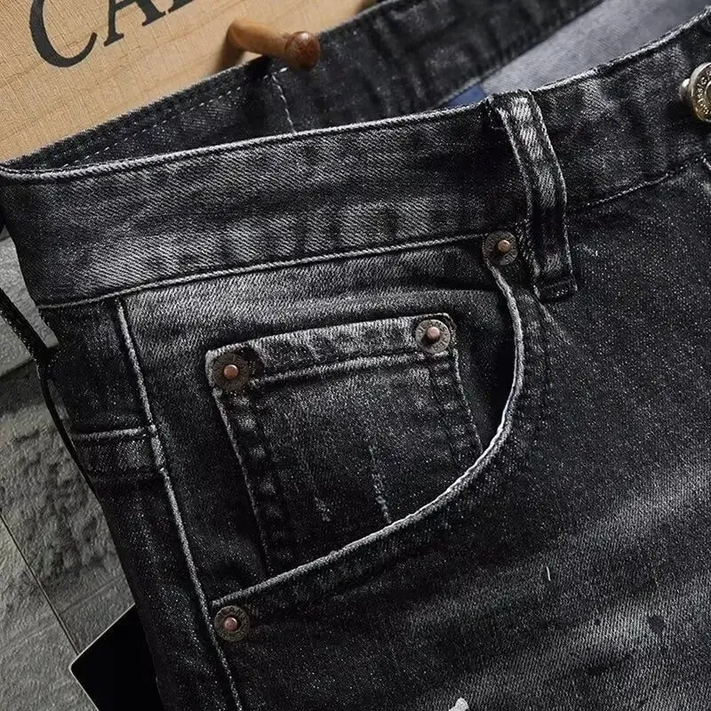 2025 Denim Shorts Men's Summer Trend Brand Printed Embroidered Trend Slim-Fit Casual Elastic Black Trousers Man Jeans Pants — image 3