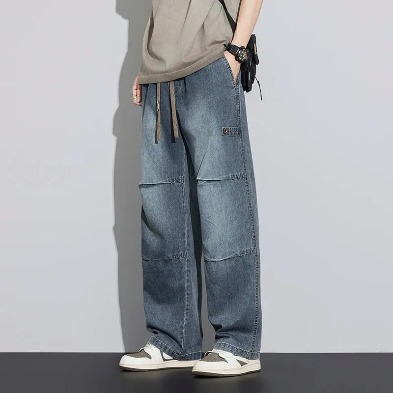 2026 New Japanese Style Textured Grid Men's Jeans Plus Size Loose Straight Vintage Washed Casual Daily Denim Pants — image 1