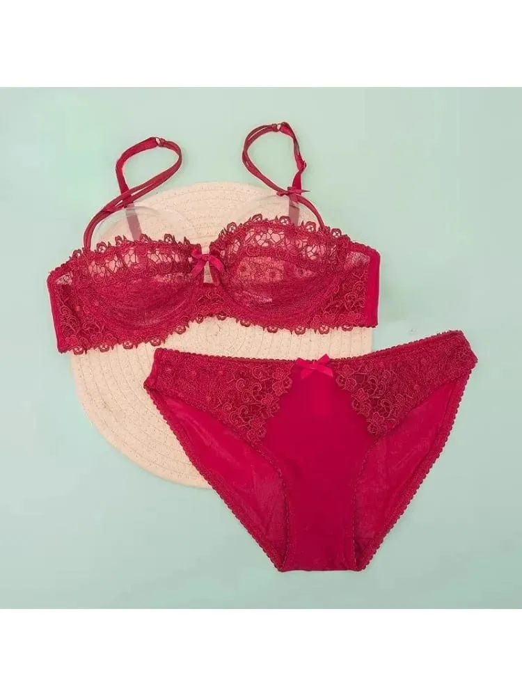 Sexy Lace Bra Set Women Plus Size Sheer Half Cup Push Up Lingerie Ultra Thin Transparent Concealed Nipple Underwear Hot — image 3