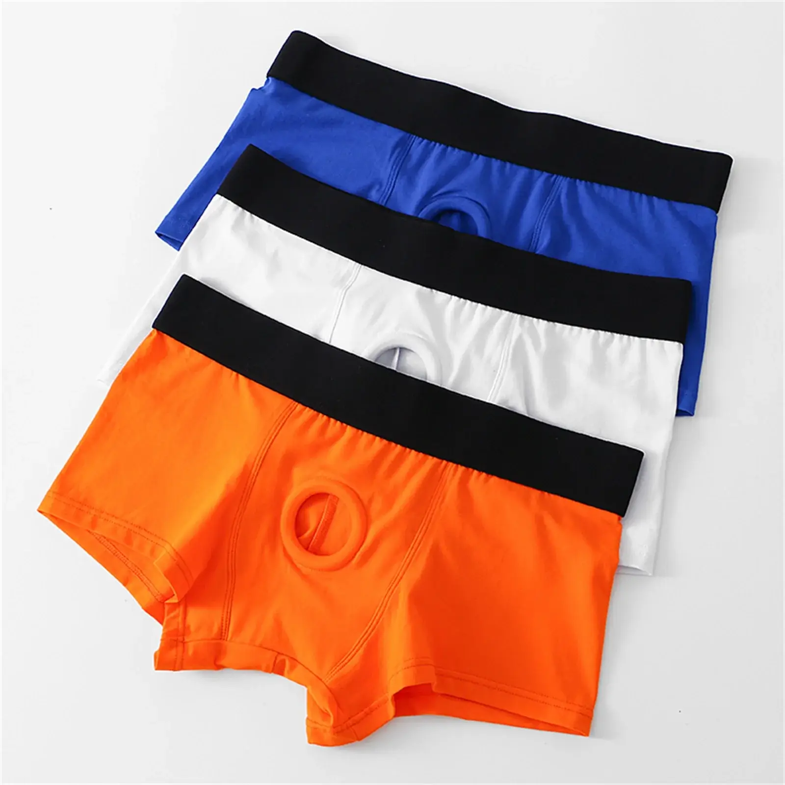 Erkek Boksörler Ön Delik Kese Iç Çamaşırı Silikon Cockring Seksi Boxershorts Geniş Kemer Pamuklu Külot Iç Çamaşırı Oymak