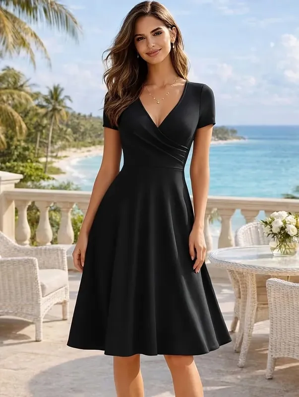 Women's Elegant Round Neck Summer Short Sleeve Solid A-Line Knee-length Dress High Waist Swagger Party Wedding Casual Departure