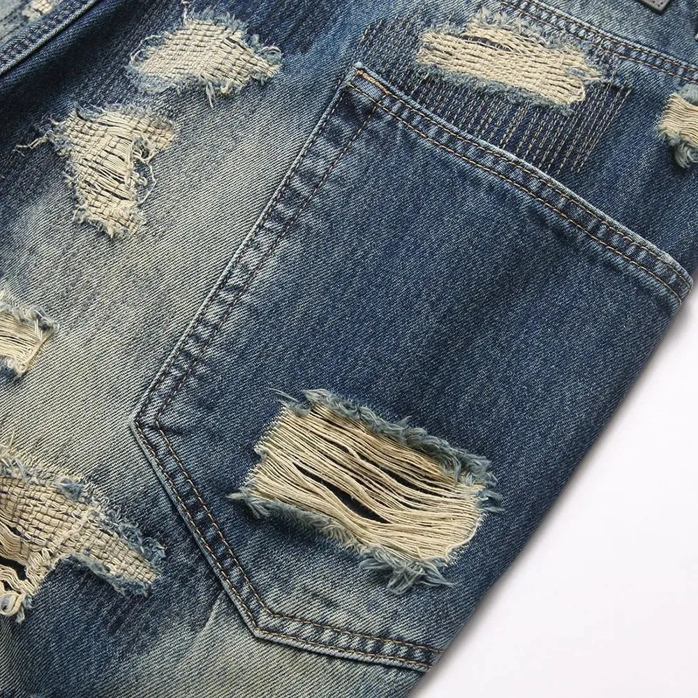 Men Ripped Denim Jeans Holes Distressed Patchwork Beggar Pants Embroidery Loose Straight Trousers — image 5