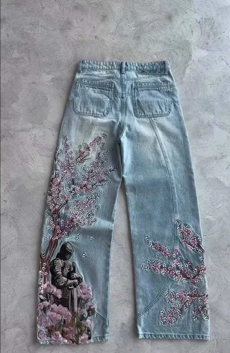 Men Y2K Anime Character Embroidered Jeans Streetwear Cargo Denim Pants Straight Leg High Waist Loose Rock Punk Unisex Jeans — image 11