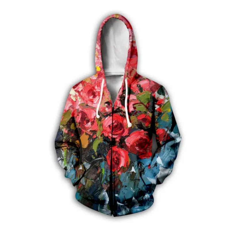 Flower Floral Pattern 3D Print Zipper Hoodies Men's Autumn Hooded Sweatshirts Oversized Streetwear Tracksuit Coat Man Clothing