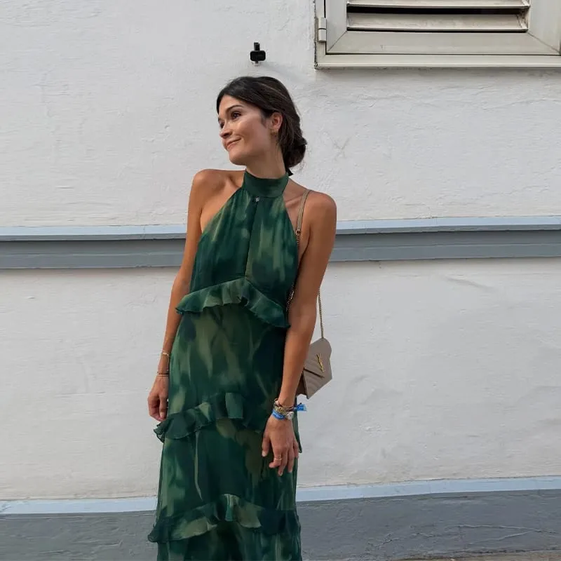 Casual Printed Ruffle Sling Dress Women Sleeveless Backless Slip Long A-line Female Dresses 2026 Summer Holidays Lady Robe
