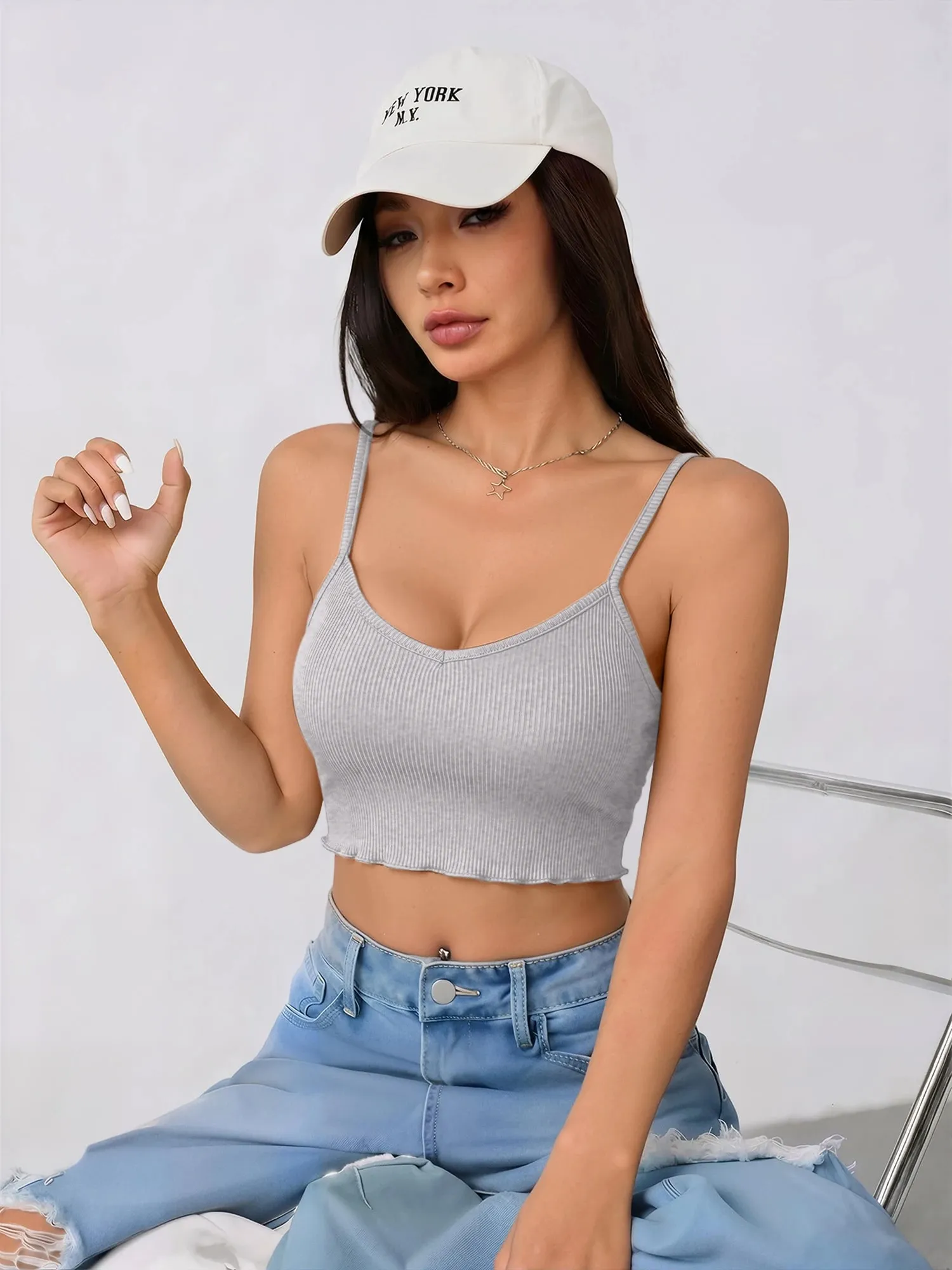 Y2K Streetwear Women V Neck Short Cami Top Ribbed Knit Sleeveless Crop Tank Spicy Girl Slim Fit Going Out Camisole